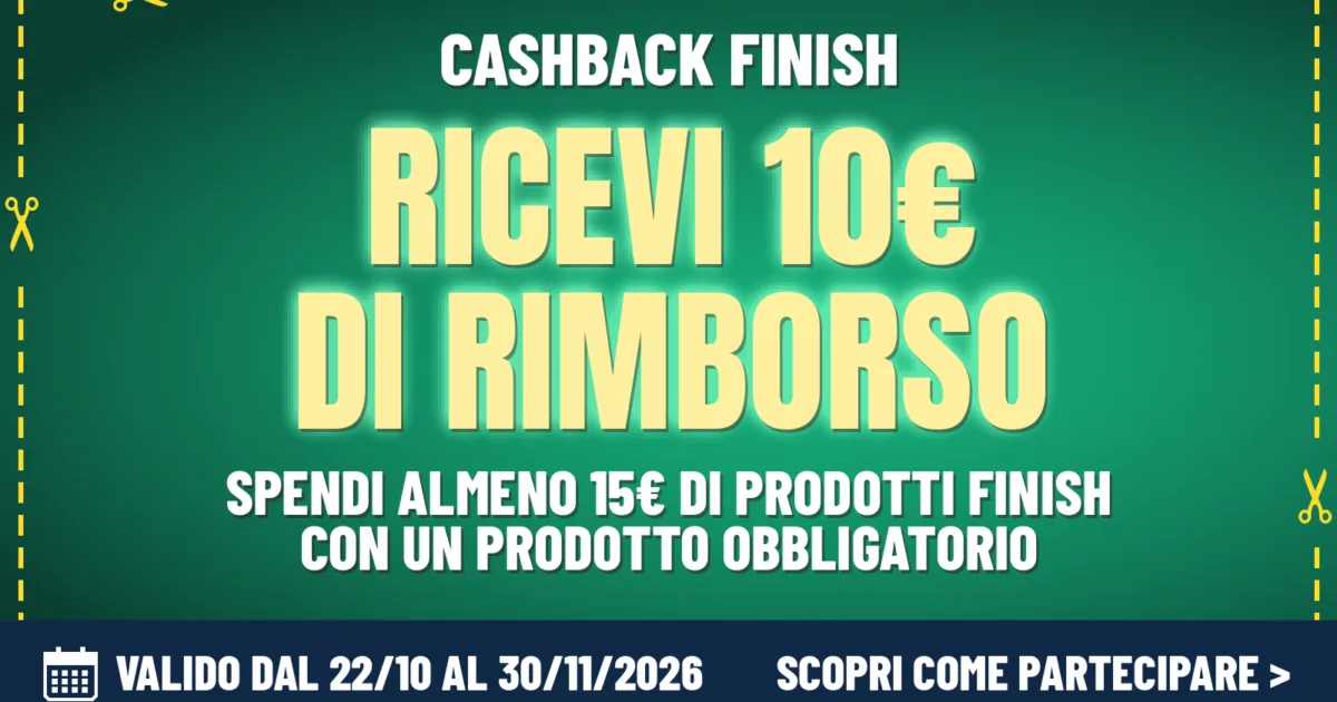 Cashback Finish Ti Rimborsa Autunno 2026, rimborso di 10 euro sui prodotti per lavastoviglie.