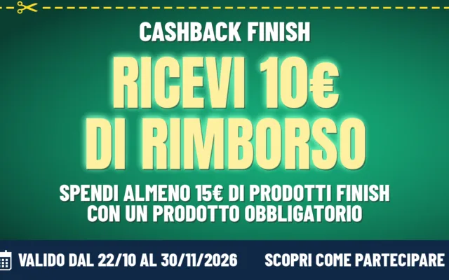 Cashback Finish Ti Rimborsa Autunno 2026, rimborso di 10 euro sui prodotti per lavastoviglie.